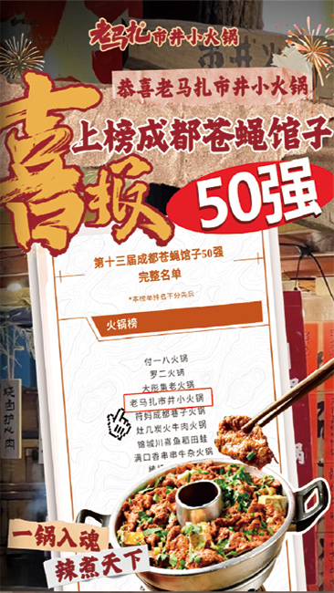恭喜老马扎市井小火锅上榜成都苍蝇馆子50强